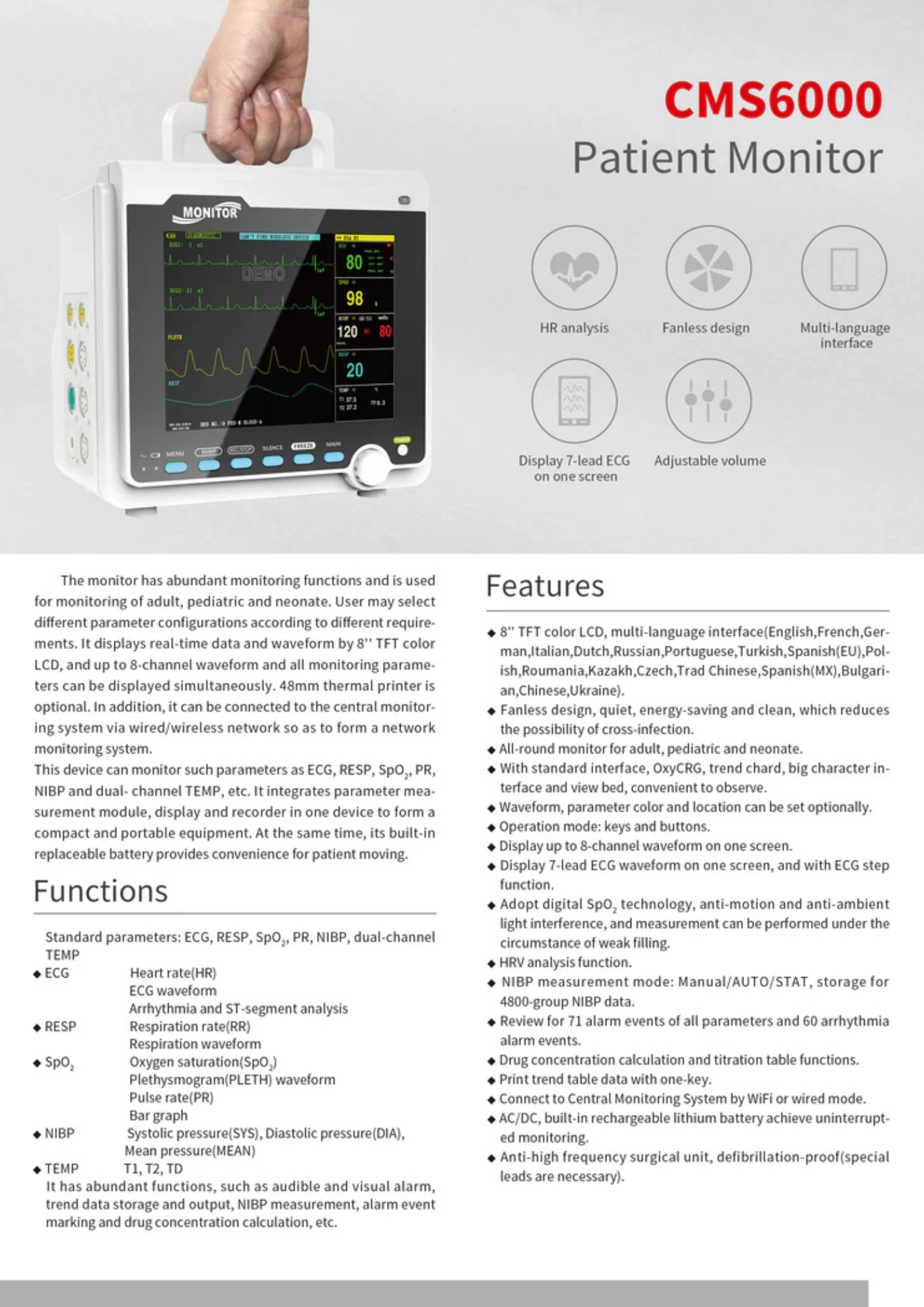 Contec Cms6000 Portable 3 Parameter Patient Monitor