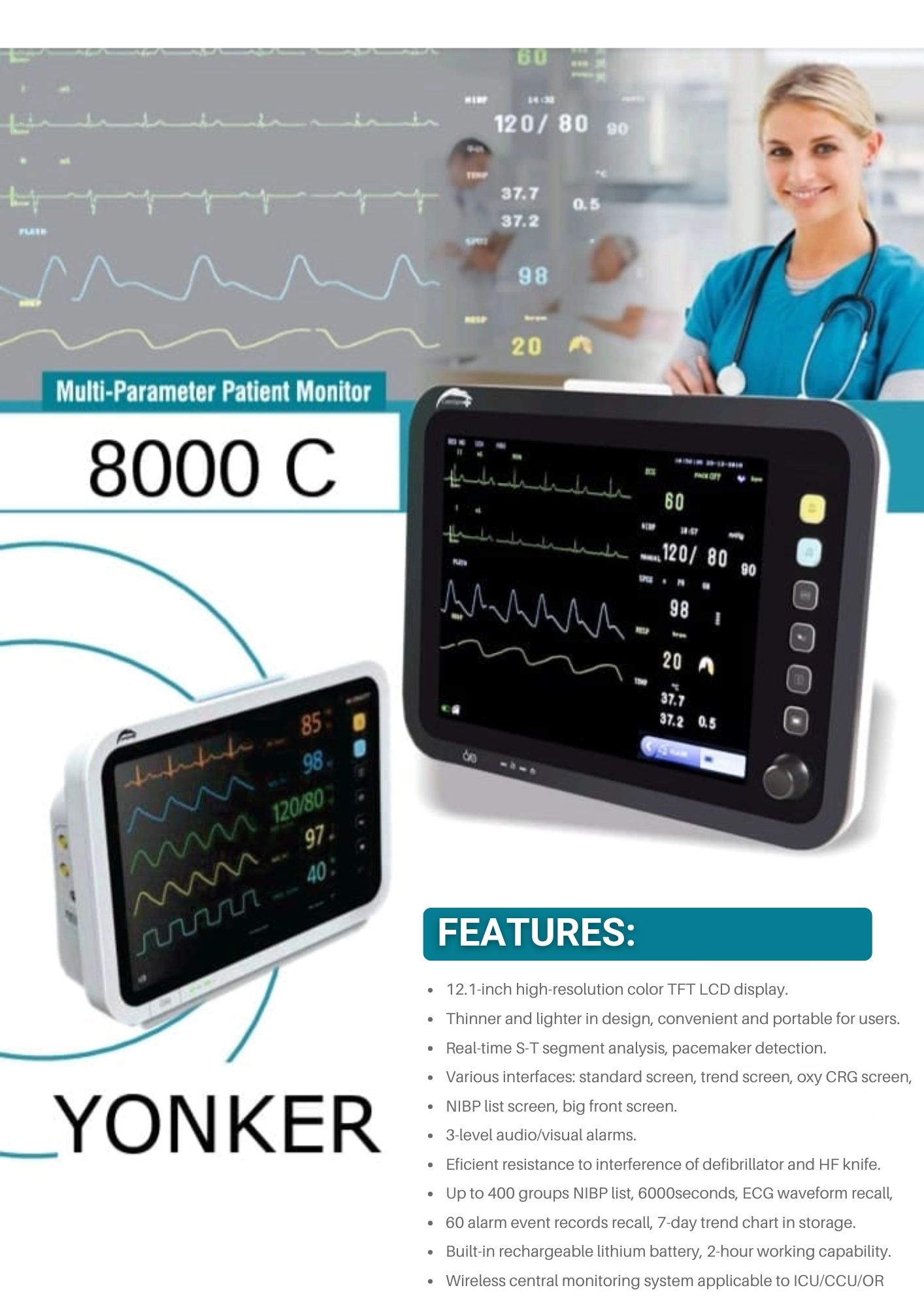 Yonker Multipara Patient Monitor Yk-8000C